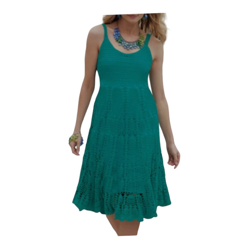 Midnight Velvet Crochet Cotton Teal Casual Party Guest Boho Retro Midi Dress